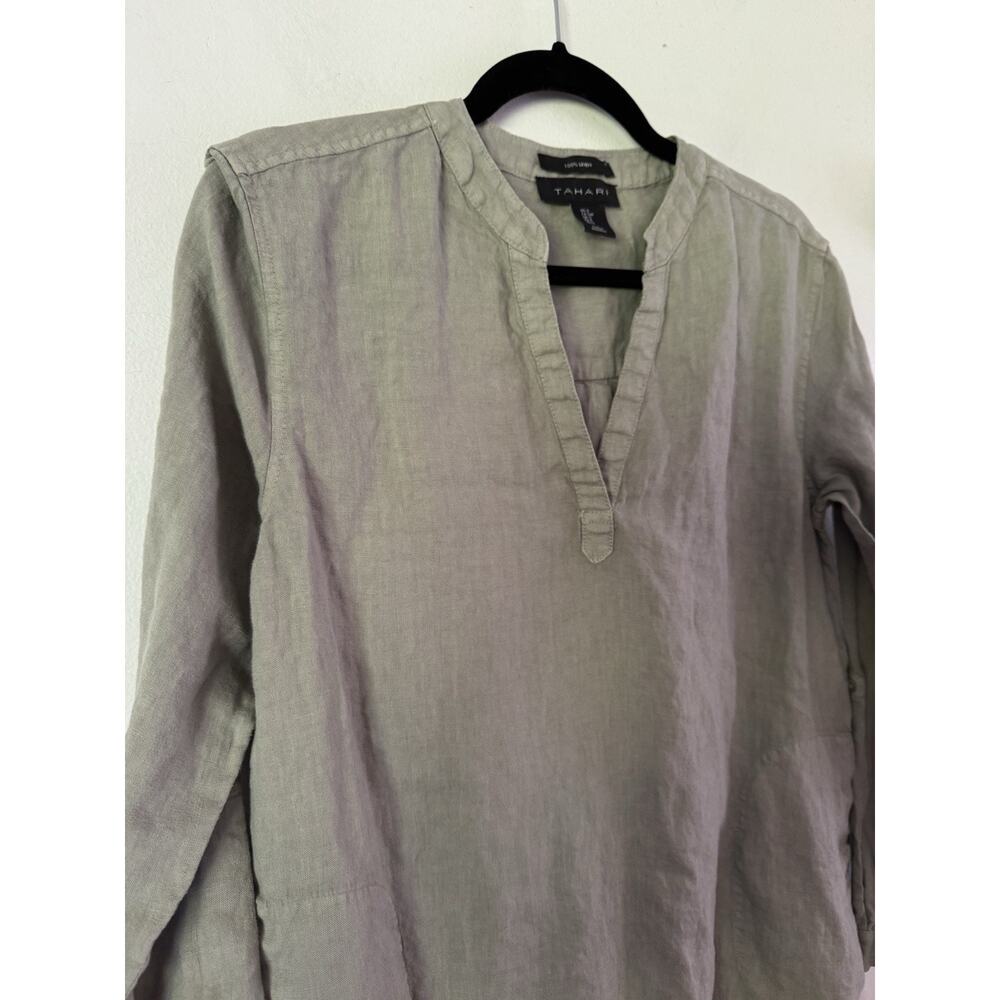 Tahari Sage Green 100% Linen Long Sleeve Dress Size Small - Picture 3 of 5